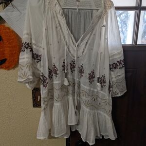 Free People White Peasant Tunic with Burgundy Floral Embroidery
